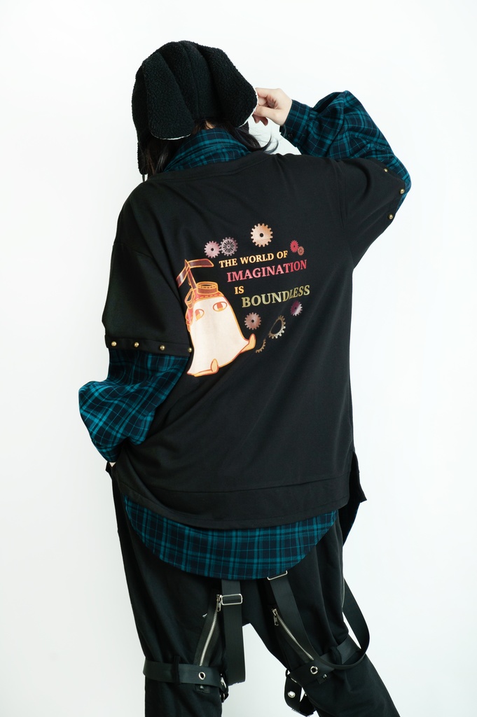 Jillpunk 芝麻コラボ アニメ お宅 ニ次コン スチームパンク風 エジプト神話ベビー アヌビス タータンチェック柄 歯車チャーム 重ね着Tシャツ シャツカラーカットソー オリジナル メンズ レディーズ おしゃれ 男女兼用 ファッション 秋葉系 可愛い