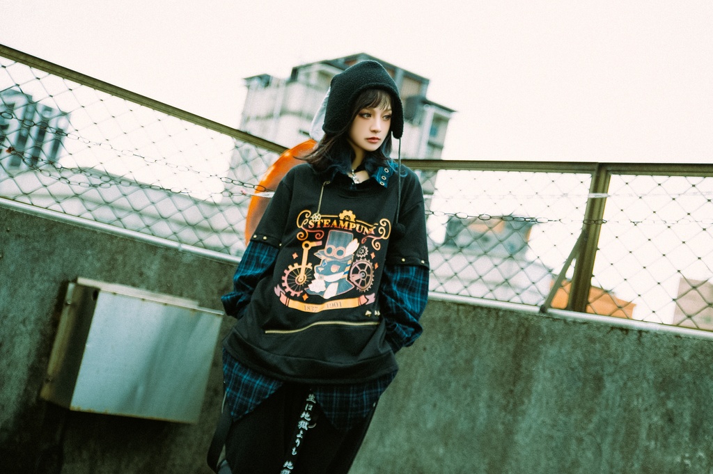 Jillpunk 芝麻コラボ アニメ お宅 ニ次コン スチームパンク風 エジプト神話ベビー アヌビス タータンチェック柄 歯車チャーム 重ね着Tシャツ シャツカラーカットソー オリジナル メンズ レディーズ おしゃれ 男女兼用 ファッション 秋葉系 可愛い