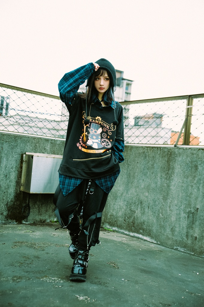 Jillpunk 芝麻コラボ アニメ お宅 ニ次コン スチームパンク風 エジプト神話ベビー アヌビス タータンチェック柄 歯車チャーム 重ね着Tシャツ シャツカラーカットソー オリジナル メンズ レディーズ おしゃれ 男女兼用 ファッション 秋葉系 可愛い