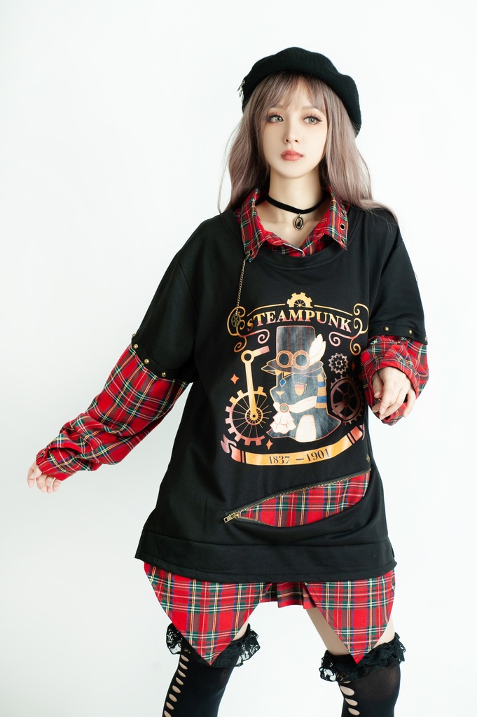 Jillpunk 芝麻コラボ アニメ お宅 ニ次コン スチームパンク風 エジプト神話ベビー アヌビス タータンチェック柄 歯車チャーム 重ね着Tシャツ シャツカラーカットソー オリジナル メンズ レディーズ おしゃれ 男女兼用 ファッション 秋葉系 可愛い