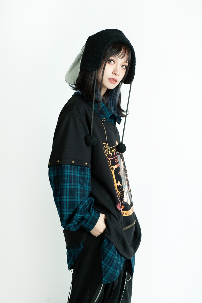 Jillpunk 芝麻コラボ アニメ お宅 ニ次コン スチームパンク風 エジプト神話ベビー アヌビス タータンチェック柄 歯車チャーム 重ね着Tシャツ シャツカラーカットソー オリジナル メンズ レディーズ おしゃれ 男女兼用 ファッション 秋葉系 可愛い