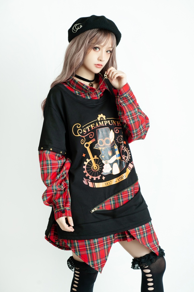 Jillpunk 芝麻コラボ アニメ お宅 ニ次コン スチームパンク風 エジプト神話ベビー アヌビス タータンチェック柄 歯車チャーム 重ね着Tシャツ シャツカラーカットソー オリジナル メンズ レディーズ おしゃれ 男女兼用 ファッション 秋葉系 可愛い