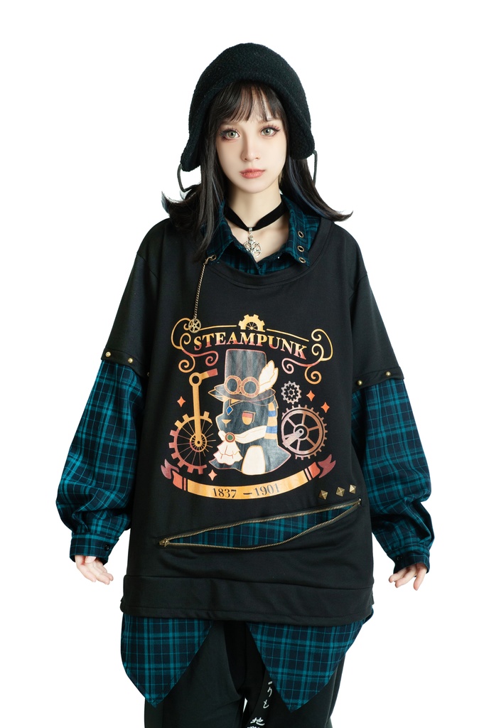 Jillpunk 芝麻コラボ アニメ お宅 ニ次コン スチームパンク風 エジプト神話ベビー アヌビス タータンチェック柄 歯車チャーム 重ね着Tシャツ シャツカラーカットソー オリジナル メンズ レディーズ おしゃれ 男女兼用 ファッション 秋葉系 可愛い