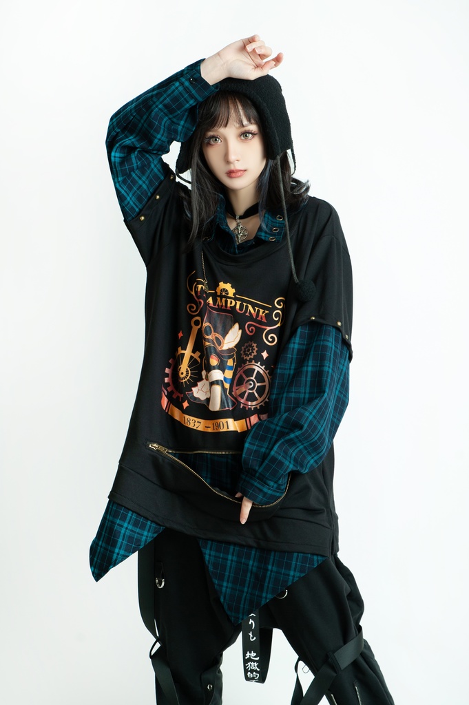 Jillpunk 芝麻コラボ アニメ お宅 ニ次コン スチームパンク風 エジプト神話ベビー アヌビス タータンチェック柄 歯車チャーム 重ね着Tシャツ シャツカラーカットソー オリジナル メンズ レディーズ おしゃれ 男女兼用 ファッション 秋葉系 可愛い