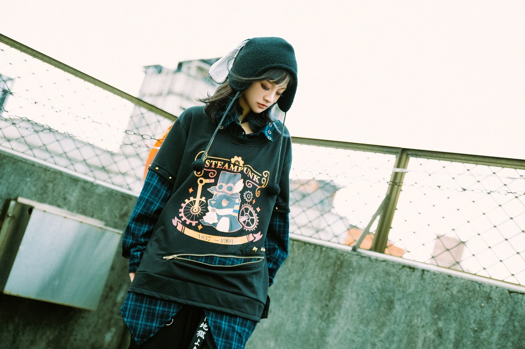 Jillpunk 芝麻コラボ アニメ お宅 ニ次コン スチームパンク風 エジプト神話ベビー アヌビス タータンチェック柄 歯車チャーム 重ね着Tシャツ シャツカラーカットソー オリジナル メンズ レディーズ おしゃれ 男女兼用 ファッション 秋葉系 可愛い