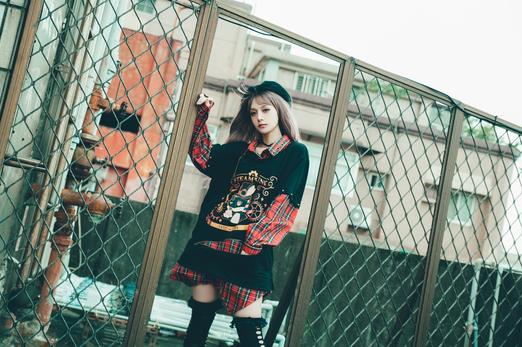 Jillpunk 芝麻コラボ アニメ お宅 ニ次コン スチームパンク風 エジプト神話ベビー アヌビス タータンチェック柄 歯車チャーム 重ね着Tシャツ シャツカラーカットソー オリジナル メンズ レディーズ おしゃれ 男女兼用 ファッション 秋葉系 可愛い