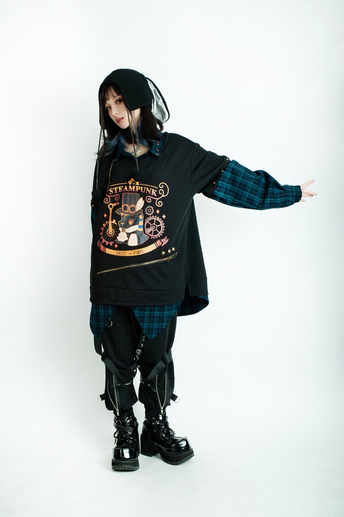 Jillpunk 芝麻コラボ アニメ お宅 ニ次コン スチームパンク風 エジプト神話ベビー アヌビス タータンチェック柄 歯車チャーム 重ね着Tシャツ シャツカラーカットソー オリジナル メンズ レディーズ おしゃれ 男女兼用 ファッション 秋葉系 可愛い