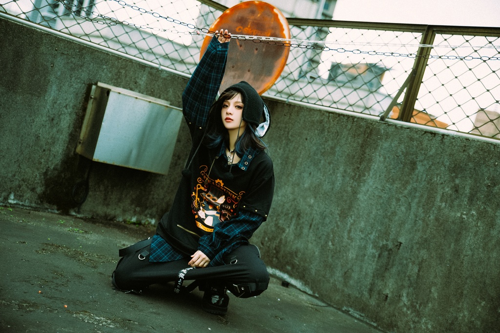 Jillpunk 芝麻コラボ アニメ お宅 ニ次コン スチームパンク風 エジプト神話ベビー アヌビス タータンチェック柄 歯車チャーム 重ね着Tシャツ シャツカラーカットソー オリジナル メンズ レディーズ おしゃれ 男女兼用 ファッション 秋葉系 可愛い