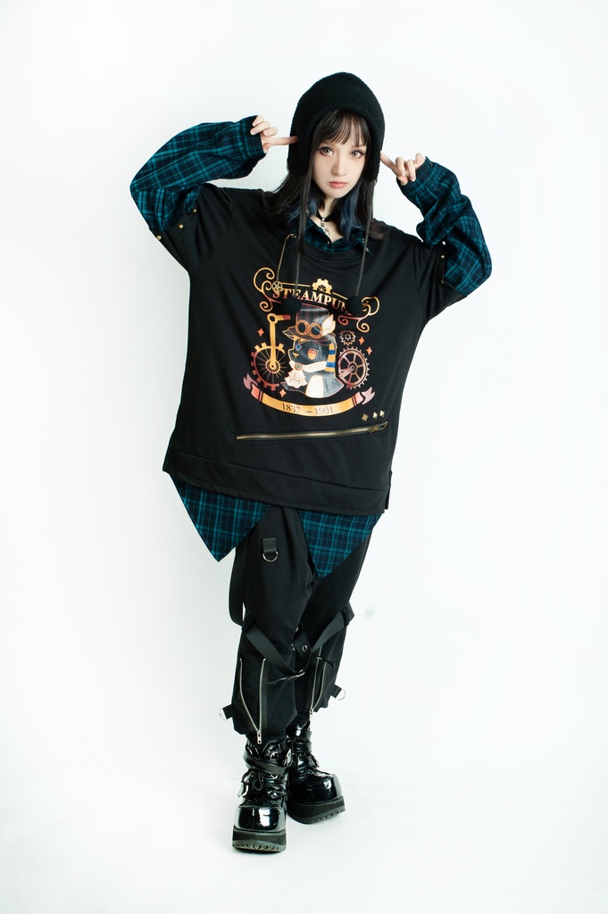 Jillpunk 芝麻コラボ アニメ お宅 ニ次コン スチームパンク風 エジプト神話ベビー アヌビス タータンチェック柄 歯車チャーム 重ね着Tシャツ シャツカラーカットソー オリジナル メンズ レディーズ おしゃれ 男女兼用 ファッション 秋葉系 可愛い