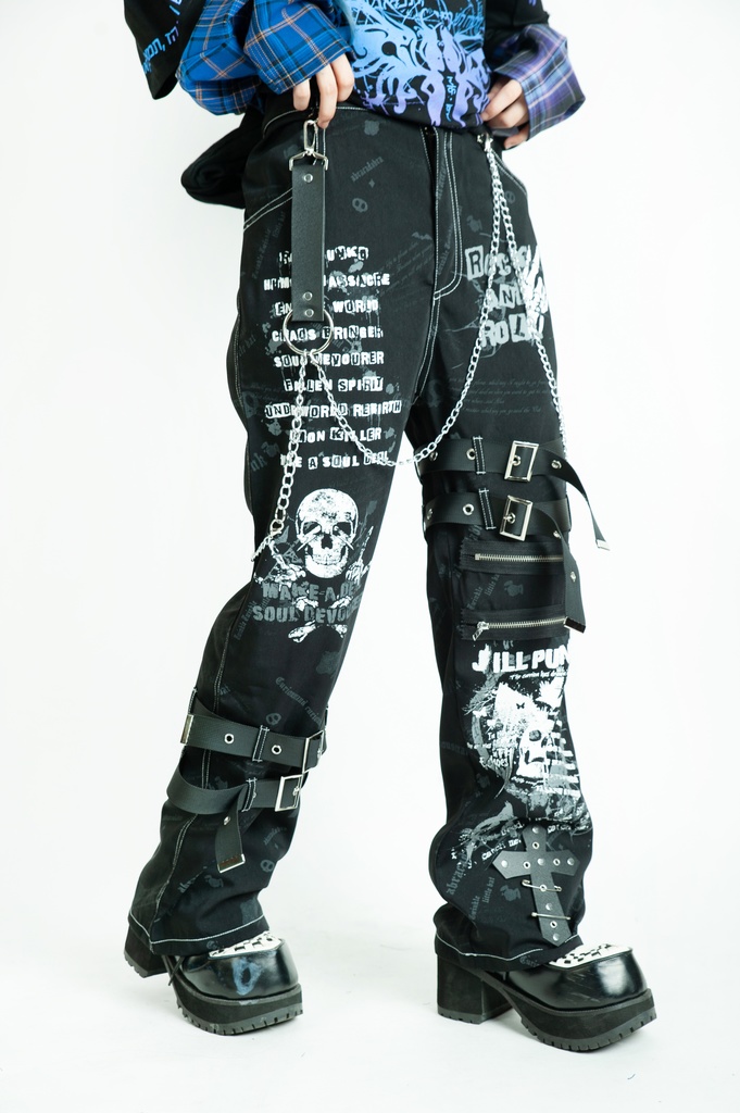 Jillpunk パンクロック エモパンク バンギャ 兄系ファッション デスメタルスピリッツ タータンチェック柄 ベルト 鎖チェーン付き ボトムス パンツ ロング丈 オリジナルスタイル メンズ レディーズ V系 おしゃれ男女兼用カッコいい
