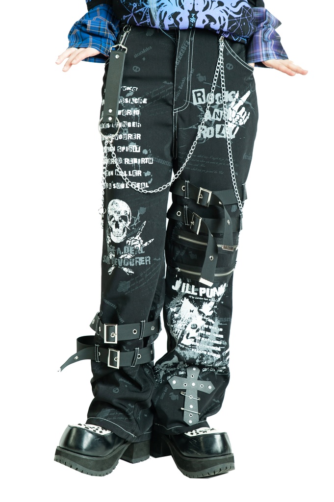 Jillpunk パンクロック エモパンク バンギャ 兄系ファッション デスメタルスピリッツ タータンチェック柄 ベルト 鎖チェーン付き ボトムス パンツ ロング丈 オリジナルスタイル メンズ レディーズ V系 おしゃれ男女兼用カッコいい