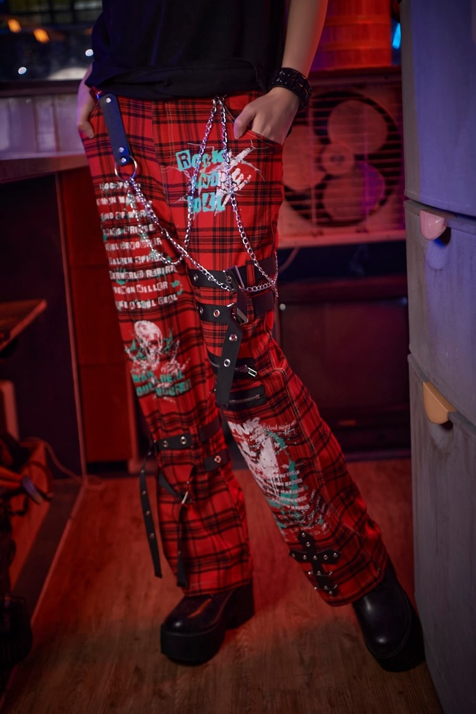 Jillpunk パンクロック エモパンク バンギャ 兄系ファッション デスメタルスピリッツ タータンチェック柄 ベルト 鎖チェーン付き ボトムス パンツ ロング丈 オリジナルスタイル メンズ レディーズ V系 おしゃれ男女兼用カッコいい