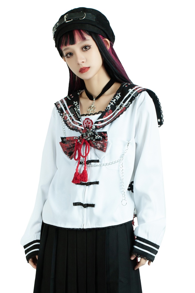 Jillpunk 和風モード 和柄 戦国武将物語 第六天魔王 織田信長 武将譚 中華風 チャイナボタン タッセル蝶ネクタイ付き 長袖 制服 セーラー服 オリジナル メンズ レディー V系 カッコいい おしゃれ 男女兼用ファッション