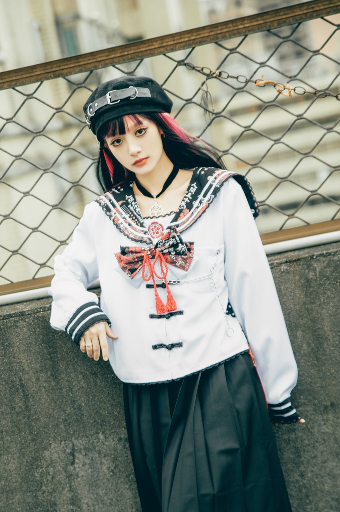 Jillpunk 和風モード 和柄 戦国武将物語 第六天魔王 織田信長 武将譚 中華風 チャイナボタン タッセル蝶ネクタイ付き 長袖 制服 セーラー服 オリジナル メンズ レディー V系 カッコいい おしゃれ 男女兼用ファッション