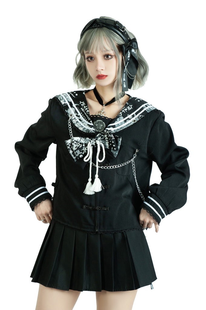 Jillpunk 和風モード 和柄 戦国武将物語 第六天魔王 織田信長 武将譚 中華風 チャイナボタン タッセル蝶ネクタイ付き 長袖 制服 セーラー服 オリジナル メンズ レディー V系 カッコいい おしゃれ 男女兼用ファッション