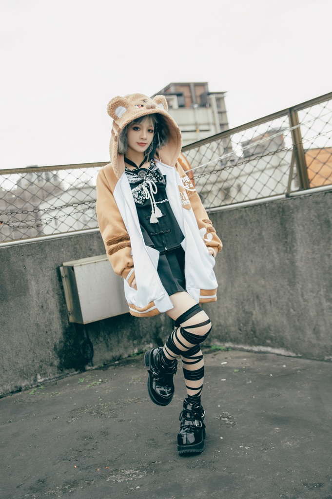 Jillpunk 原宿 萌え かわいい アメカジルック 福神白虎 虎耳 フリースフード付き 裏起毛 スカジャンジャケット パーカー オリジナル ヤンデレ 可愛い おしゃれ男女兼用ファッション秋葉系