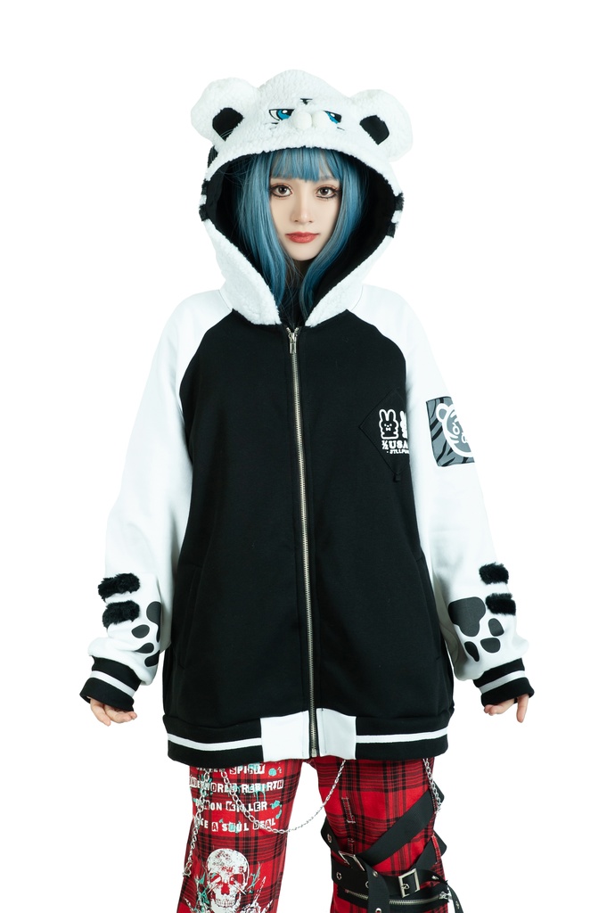 Jillpunk 原宿 萌え かわいい アメカジルック 福神白虎 虎耳 フリースフード付き 裏起毛 スカジャンジャケット パーカー オリジナル ヤンデレ 可愛い おしゃれ男女兼用ファッション秋葉系