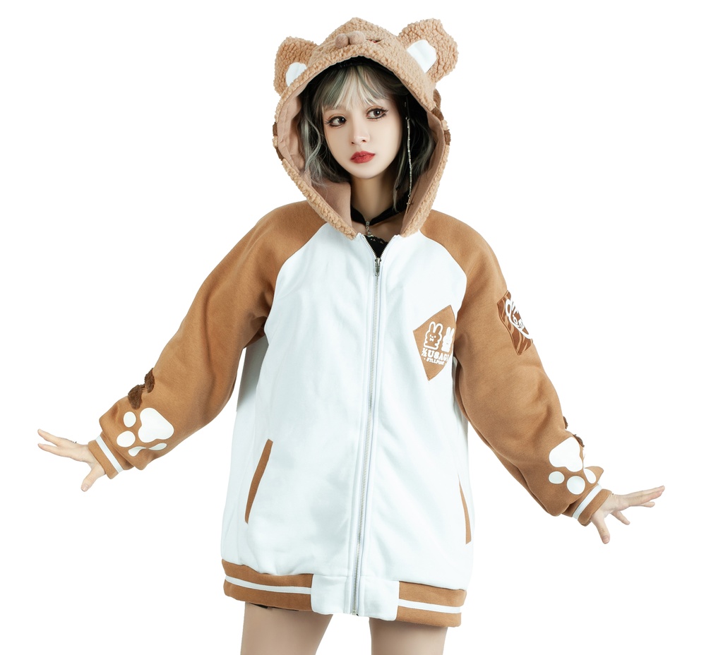 Jillpunk 原宿 萌え かわいい アメカジルック 福神白虎 虎耳 フリースフード付き 裏起毛 スカジャンジャケット パーカー オリジナル ヤンデレ 可愛い おしゃれ男女兼用ファッション秋葉系