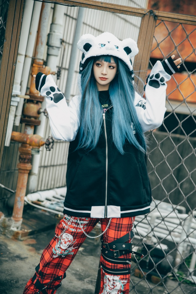 Jillpunk 原宿 萌え かわいい アメカジルック 福神白虎 虎耳 フリースフード付き 裏起毛 スカジャンジャケット パーカー オリジナル ヤンデレ 可愛い おしゃれ男女兼用ファッション秋葉系