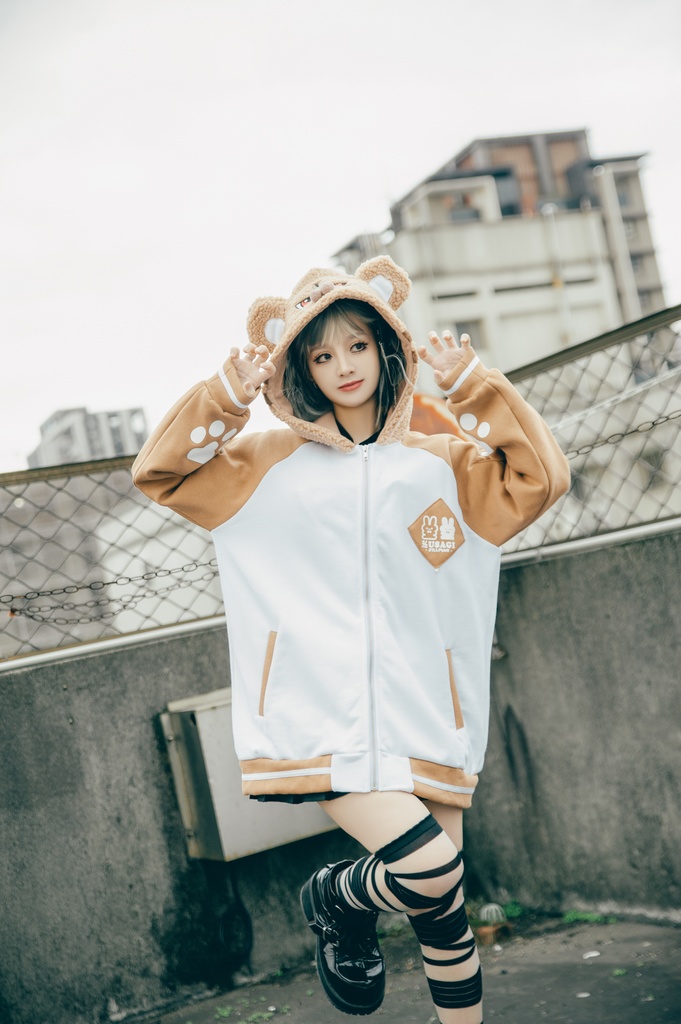 Jillpunk 原宿 萌え かわいい アメカジルック 福神白虎 虎耳 フリースフード付き 裏起毛 スカジャンジャケット パーカー オリジナル ヤンデレ 可愛い おしゃれ男女兼用ファッション秋葉系