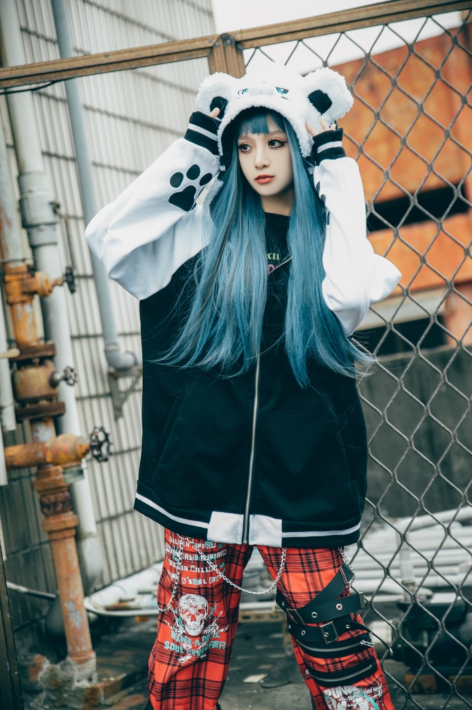 Jillpunk 原宿 萌え かわいい アメカジルック 福神白虎 虎耳 フリースフード付き 裏起毛 スカジャンジャケット パーカー オリジナル ヤンデレ 可愛い おしゃれ男女兼用ファッション秋葉系