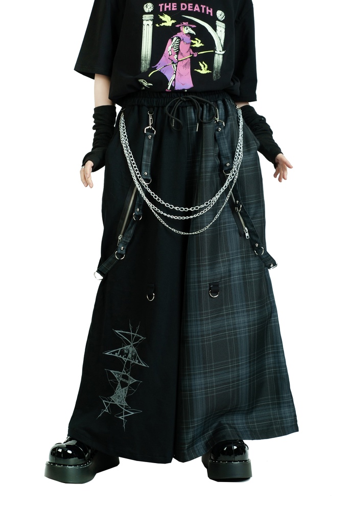 Jillpunk和風モード 地獄の扉 浪人侍 ドレープ袴 ゆるい タータンチェック柄 鎖チェーン付き ワイドバギー剣道パンツ ズボン オリジナルパンク メンズ レディース V系 秋葉系 おしゃれ ヴィジュアル系