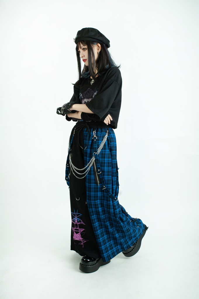 Jillpunk和風モード 地獄の扉 浪人侍 ドレープ袴 ゆるい タータンチェック柄 鎖チェーン付き ワイドバギー剣道パンツ ズボン オリジナルパンク メンズ レディース V系 秋葉系 おしゃれ ヴィジュアル系