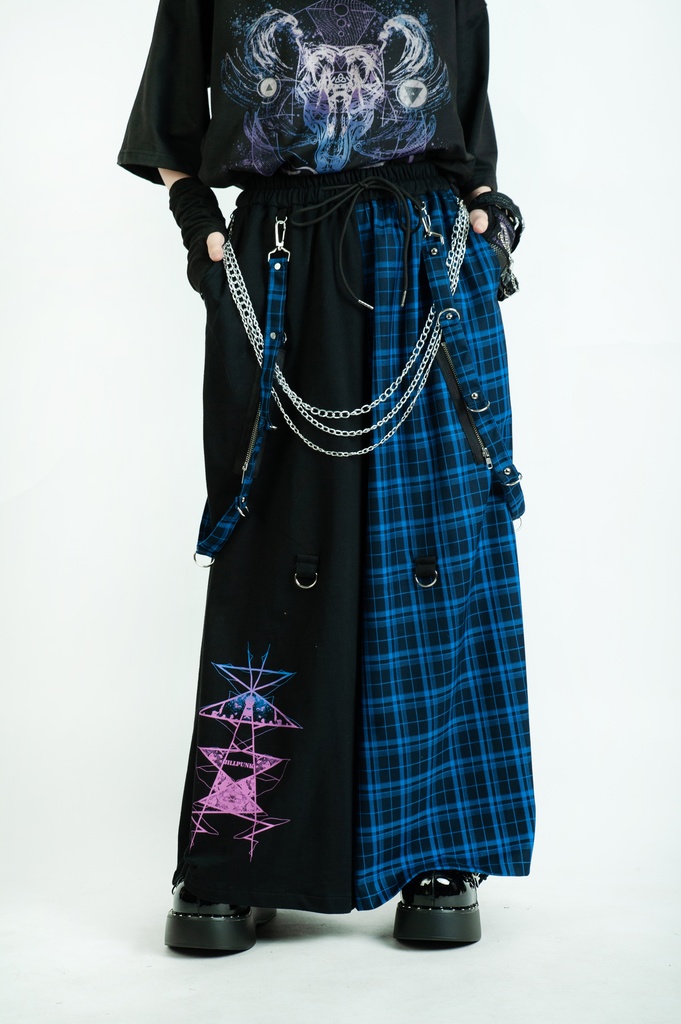 Jillpunk和風モード 地獄の扉 浪人侍 ドレープ袴 ゆるい タータンチェック柄 鎖チェーン付き ワイドバギー剣道パンツ ズボン オリジナルパンク メンズ レディース V系 秋葉系 おしゃれ ヴィジュアル系
