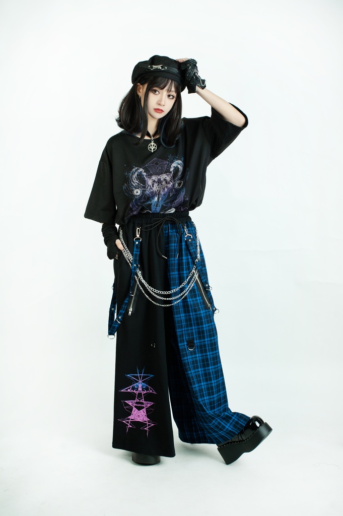 Jillpunk和風モード 地獄の扉 浪人侍 ドレープ袴 ゆるい タータンチェック柄 鎖チェーン付き ワイドバギー剣道パンツ ズボン オリジナルパンク メンズ レディース V系 秋葉系 おしゃれ ヴィジュアル系