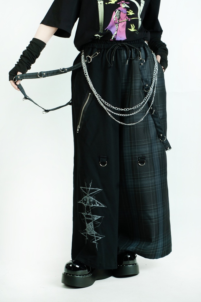 Jillpunk和風モード 地獄の扉 浪人侍 ドレープ袴 ゆるい タータンチェック柄 鎖チェーン付き ワイドバギー剣道パンツ ズボン オリジナルパンク メンズ レディース V系 秋葉系 おしゃれ ヴィジュアル系