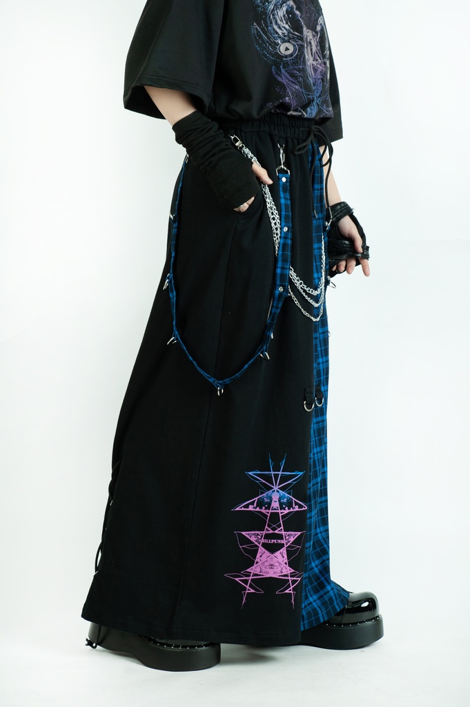 Jillpunk和風モード 地獄の扉 浪人侍 ドレープ袴 ゆるい タータンチェック柄 鎖チェーン付き ワイドバギー剣道パンツ ズボン オリジナルパンク メンズ レディース V系 秋葉系 おしゃれ ヴィジュアル系