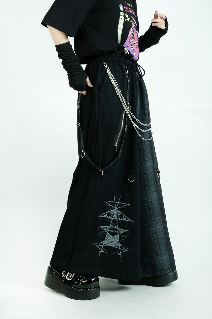 Jillpunk和風モード 地獄の扉 浪人侍 ドレープ袴 ゆるい タータンチェック柄 鎖チェーン付き ワイドバギー剣道パンツ ズボン オリジナルパンク メンズ レディース V系 秋葉系 おしゃれ ヴィジュアル系