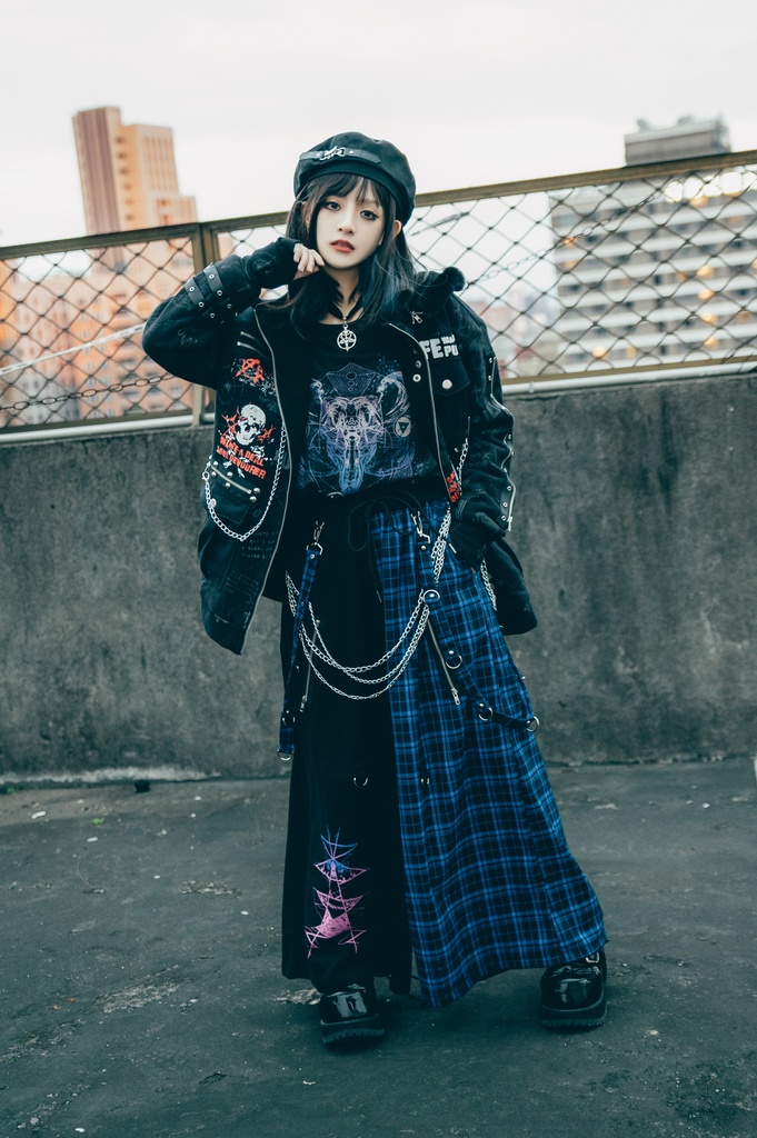 Jillpunk和風モード 地獄の扉 浪人侍 ドレープ袴 ゆるい タータンチェック柄 鎖チェーン付き ワイドバギー剣道パンツ ズボン オリジナルパンク メンズ レディース V系 秋葉系 おしゃれ ヴィジュアル系