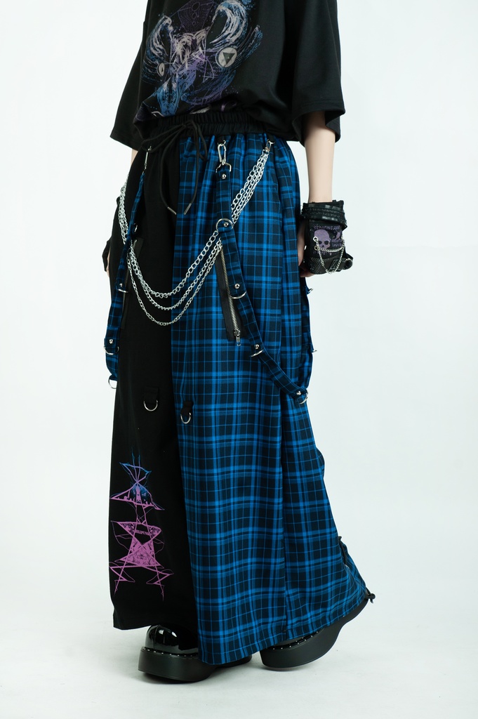 Jillpunk和風モード 地獄の扉 浪人侍 ドレープ袴 ゆるい タータンチェック柄 鎖チェーン付き ワイドバギー剣道パンツ ズボン オリジナルパンク メンズ レディース V系 秋葉系 おしゃれ ヴィジュアル系