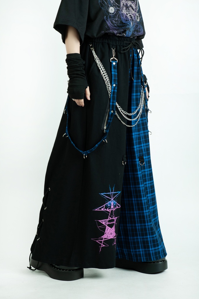 Jillpunk和風モード 地獄の扉 浪人侍 ドレープ袴 ゆるい タータンチェック柄 鎖チェーン付き ワイドバギー剣道パンツ ズボン オリジナルパンク メンズ レディース V系 秋葉系 おしゃれ ヴィジュアル系