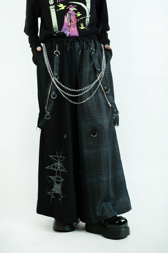 Jillpunk和風モード 地獄の扉 浪人侍 ドレープ袴 ゆるい タータンチェック柄 鎖チェーン付き ワイドバギー剣道パンツ ズボン オリジナルパンク メンズ レディース V系 秋葉系 おしゃれ ヴィジュアル系