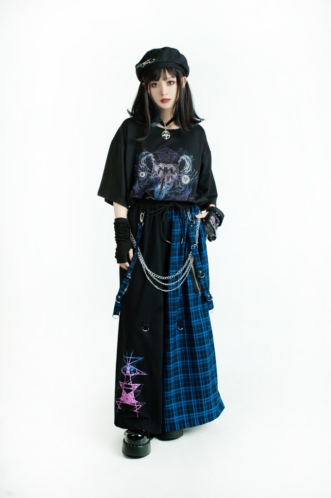 Jillpunk和風モード 地獄の扉 浪人侍 ドレープ袴 ゆるい タータンチェック柄 鎖チェーン付き ワイドバギー剣道パンツ ズボン オリジナルパンク メンズ レディース V系 秋葉系 おしゃれ ヴィジュアル系