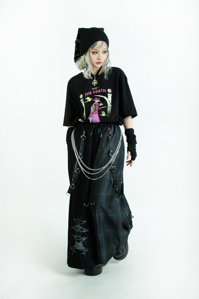 Jillpunk和風モード 地獄の扉 浪人侍 ドレープ袴 ゆるい タータンチェック柄 鎖チェーン付き ワイドバギー剣道パンツ ズボン オリジナルパンク メンズ レディース V系 秋葉系 おしゃれ ヴィジュアル系