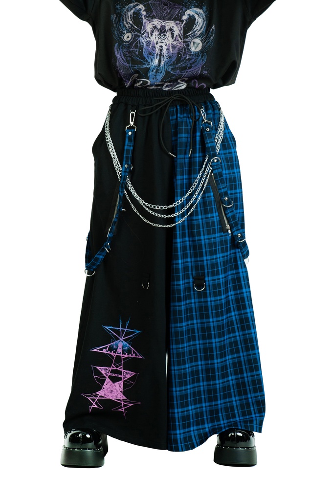 Jillpunk和風モード 地獄の扉 浪人侍 ドレープ袴 ゆるい タータンチェック柄 鎖チェーン付き ワイドバギー剣道パンツ ズボン オリジナルパンク メンズ レディース V系 秋葉系 おしゃれ ヴィジュアル系
