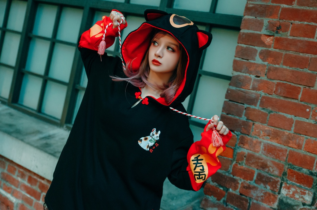 Jillpunk和風モード 芝麻コラボ 夢カワ かわいい 猫系 萌え 大黒天ネコ 招き猫 銭貨タッセル付き 猫耳 ゆったり 長袖 パーカー オリジナル メンズ レディーズ おしゃれ 男女兼用 ファッション 秋葉系 可愛い