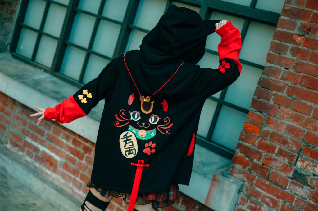 Jillpunk和風モード 芝麻コラボ 夢カワ かわいい 猫系 萌え 大黒天ネコ 招き猫 銭貨タッセル付き 猫耳 ゆったり 長袖 パーカー オリジナル メンズ レディーズ おしゃれ 男女兼用 ファッション 秋葉系 可愛い