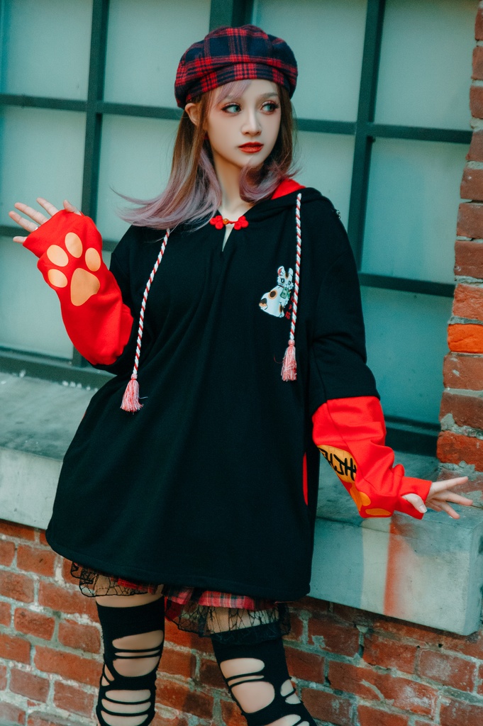 Jillpunk和風モード 芝麻コラボ 夢カワ かわいい 猫系 萌え 大黒天ネコ 招き猫 銭貨タッセル付き 猫耳 ゆったり 長袖 パーカー オリジナル メンズ レディーズ おしゃれ 男女兼用 ファッション 秋葉系 可愛い