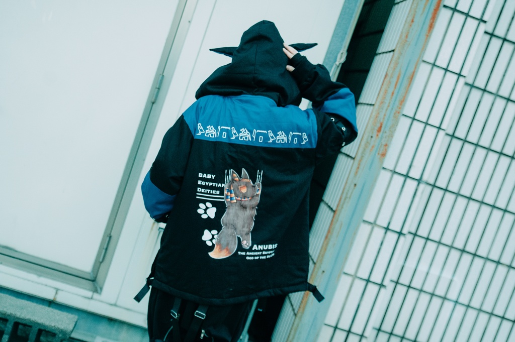 Jillpunk 芝麻コラボ アニメ Y2K お宅 ニ次コン ワークスペック風 エジプト神話ベビー アヌビス キルティング ゆったりパーかー 狼耳 フード付きジャケット オリジナル メンズ レディーズ おしゃれ 男女兼用 ファッション 秋葉系 可愛い