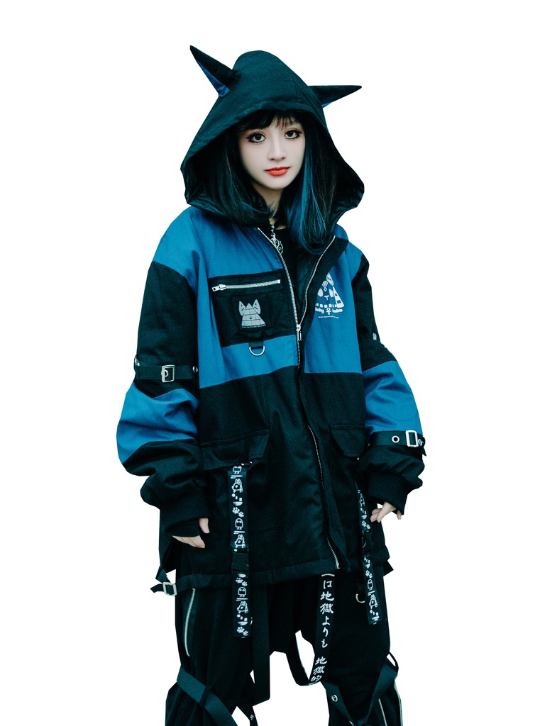 Jillpunk 芝麻コラボ アニメ Y2K お宅 ニ次コン ワークスペック風 エジプト神話ベビー アヌビス キルティング ゆったりパーかー 狼耳 フード付きジャケット オリジナル メンズ レディーズ おしゃれ 男女兼用 ファッション 秋葉系 可愛い