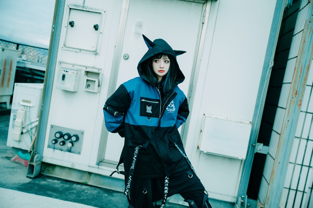 Jillpunk 芝麻コラボ アニメ Y2K お宅 ニ次コン ワークスペック風 エジプト神話ベビー アヌビス キルティング ゆったりパーかー 狼耳 フード付きジャケット オリジナル メンズ レディーズ おしゃれ 男女兼用 ファッション 秋葉系 可愛い