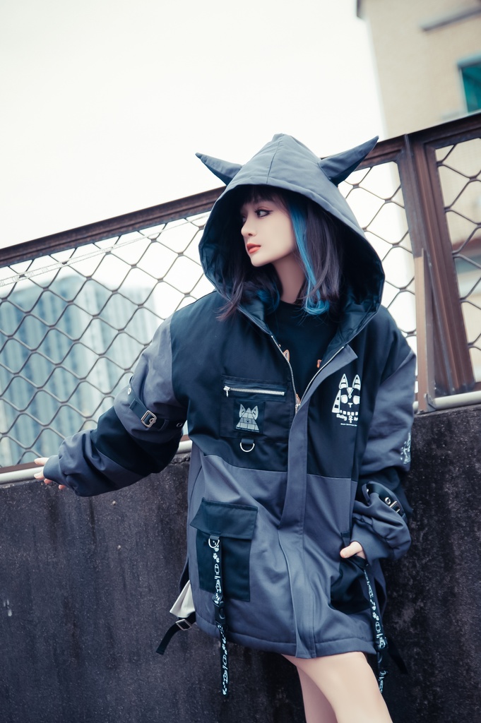 Jillpunk 芝麻コラボ アニメ Y2K お宅 ニ次コン ワークスペック風 エジプト神話ベビー アヌビス キルティング ゆったりパーかー 狼耳 フード付きジャケット オリジナル メンズ レディーズ おしゃれ 男女兼用 ファッション 秋葉系 可愛い