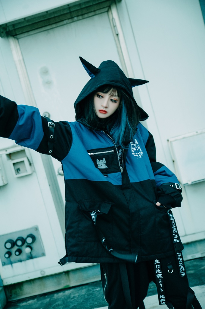 Jillpunk 芝麻コラボ アニメ Y2K お宅 ニ次コン ワークスペック風 エジプト神話ベビー アヌビス キルティング ゆったりパーかー 狼耳 フード付きジャケット オリジナル メンズ レディーズ おしゃれ 男女兼用 ファッション 秋葉系 可愛い