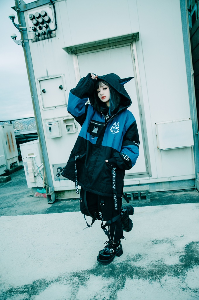 Jillpunk 芝麻コラボ アニメ Y2K お宅 ニ次コン ワークスペック風 エジプト神話ベビー アヌビス キルティング ゆったりパーかー 狼耳 フード付きジャケット オリジナル メンズ レディーズ おしゃれ 男女兼用 ファッション 秋葉系 可愛い