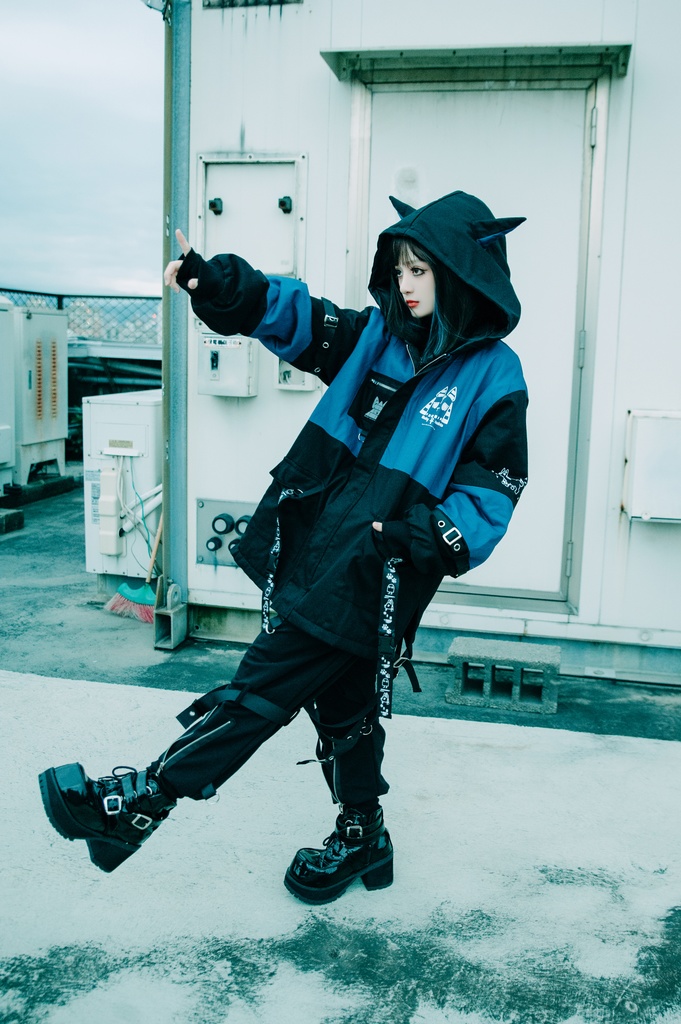 Jillpunk 芝麻コラボ アニメ Y2K お宅 ニ次コン ワークスペック風 エジプト神話ベビー アヌビス キルティング ゆったりパーかー 狼耳 フード付きジャケット オリジナル メンズ レディーズ おしゃれ 男女兼用 ファッション 秋葉系 可愛い