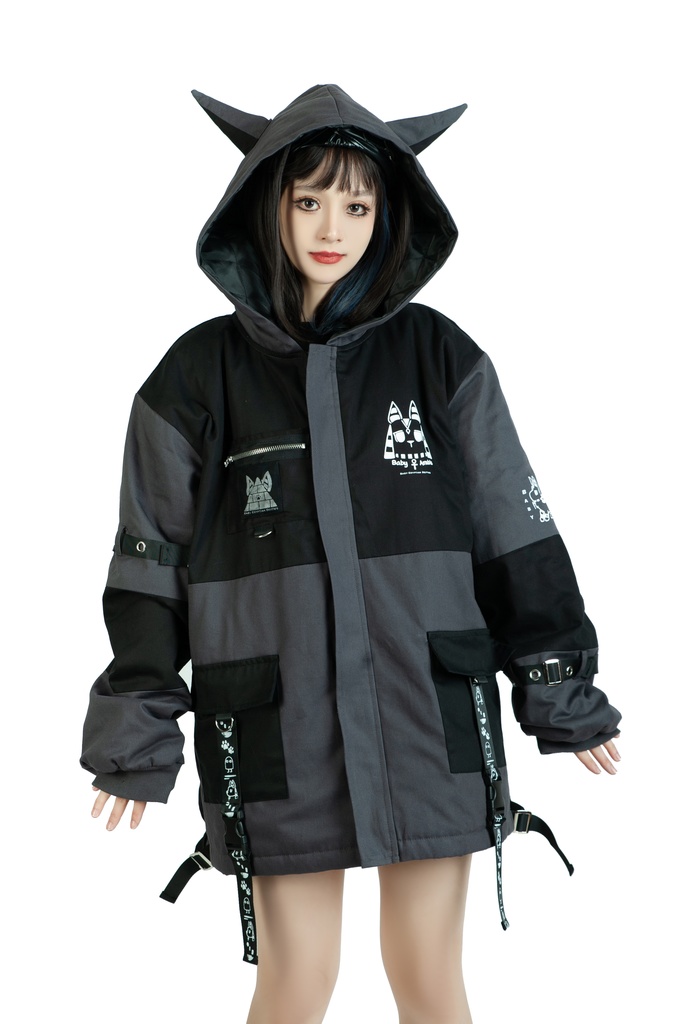 Jillpunk 芝麻コラボ アニメ Y2K お宅 ニ次コン ワークスペック風 エジプト神話ベビー アヌビス キルティング ゆったりパーかー 狼耳 フード付きジャケット オリジナル メンズ レディーズ おしゃれ 男女兼用 ファッション 秋葉系 可愛い